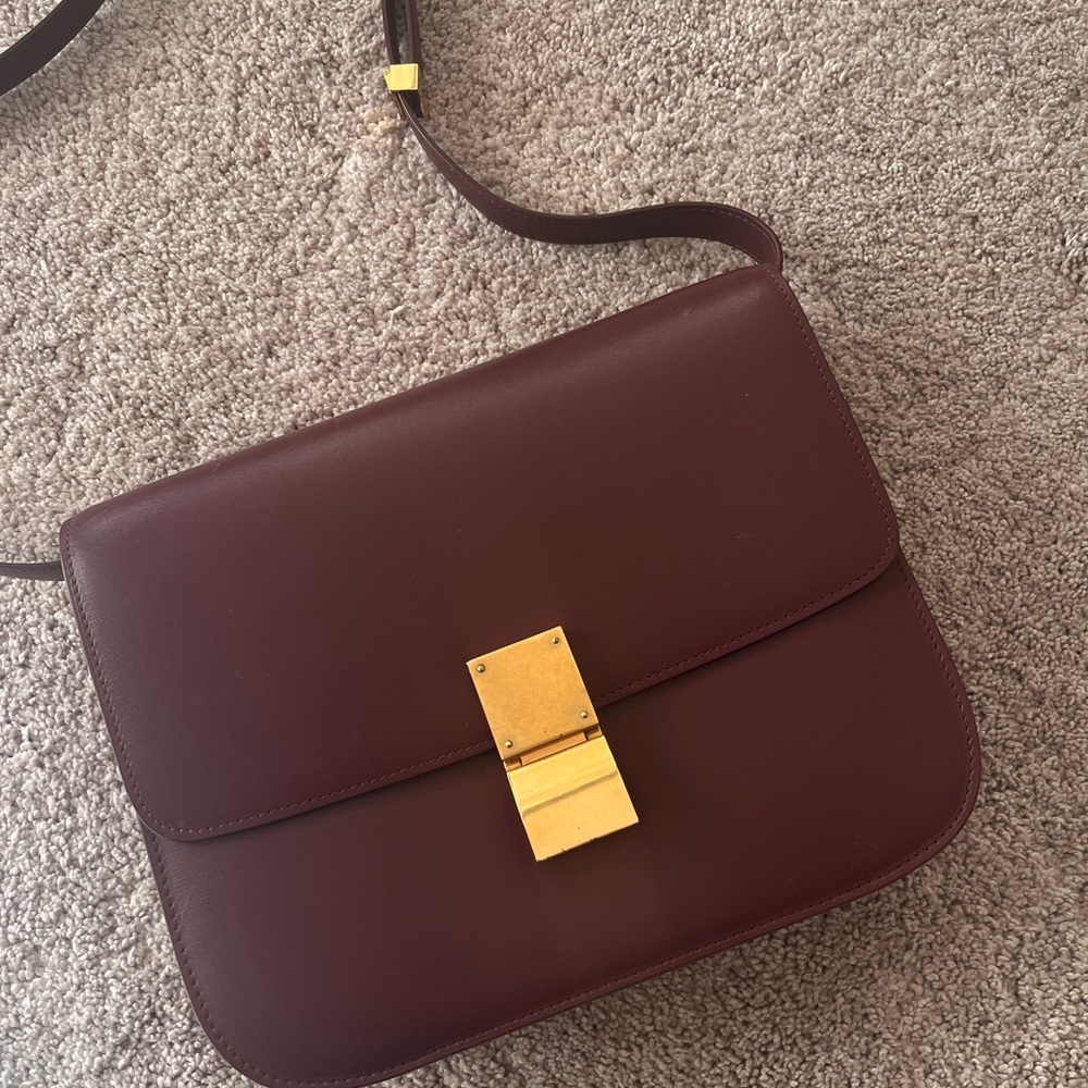 Celine medium classic box bag in Burgundy Leather calfskin
